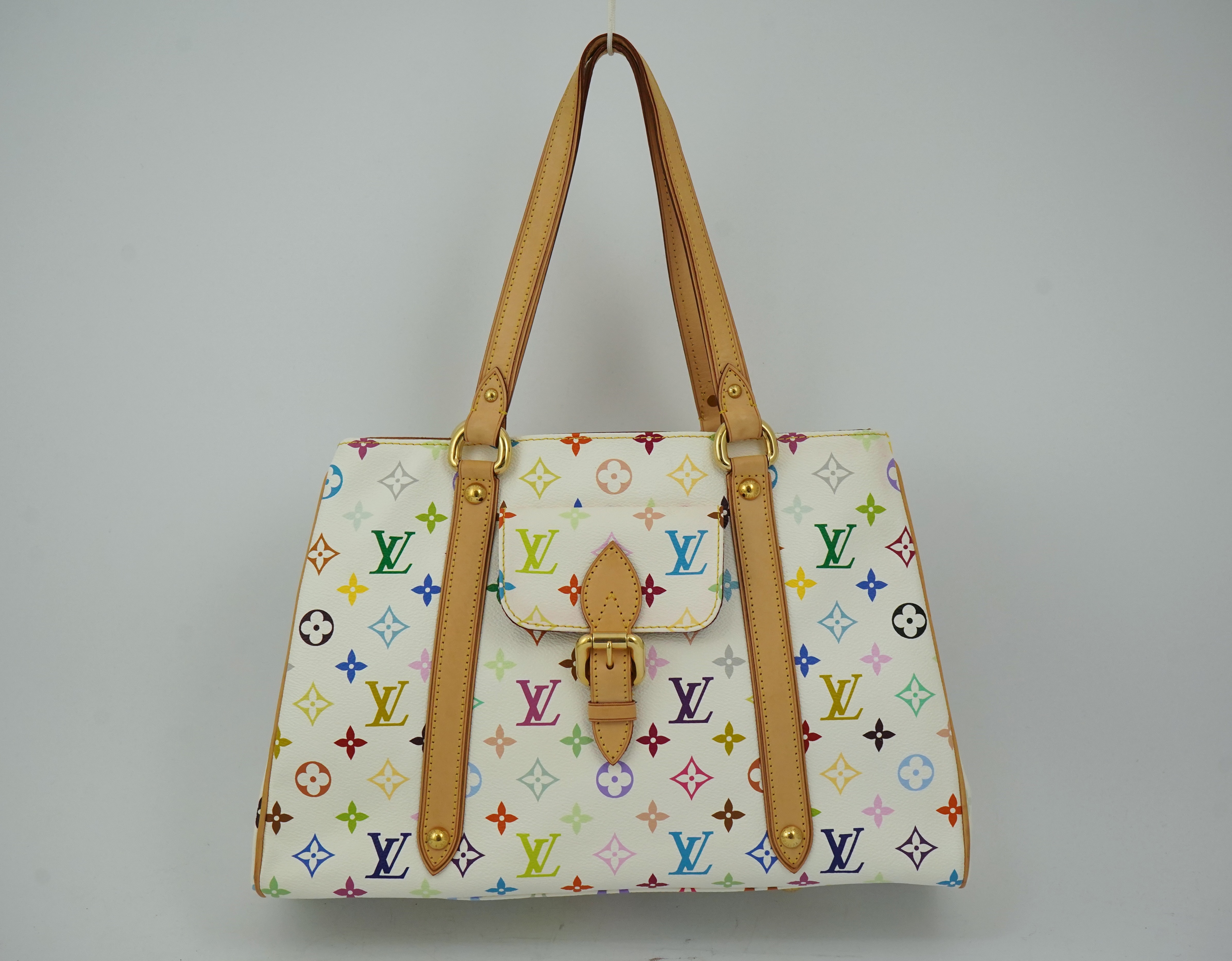 A Louis Vuitton x Takashi Murakami white / monogram multicolour coated canvas handbag with natural cowhide trim